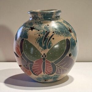 Votive Candle Holder Costa Rica Pottery Hand Carved Cut Away Design Butterfly